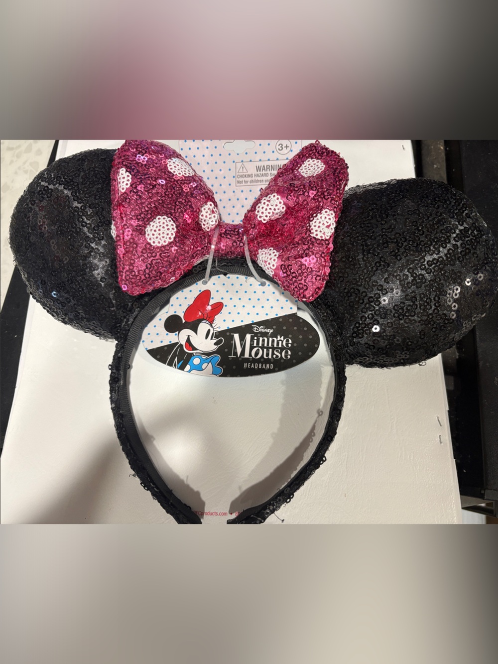 Disney Minnie Mouse Black Sequin Ear Headband with Pink Polka Dot Bow